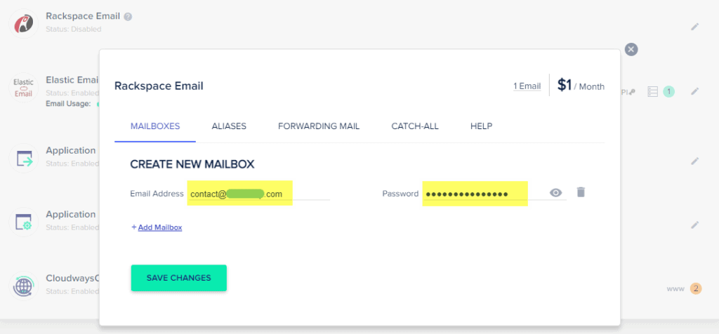 3. Cloudways Addons - Rackspace Email - Create New Mailbox