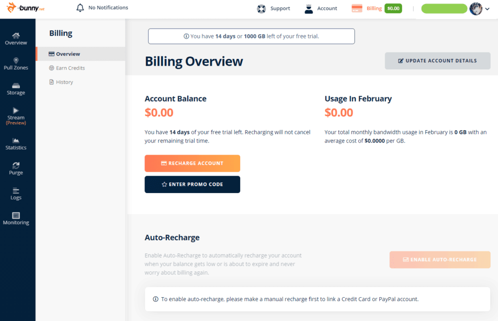 BunnyNet - Billing Overview - after updating billing info