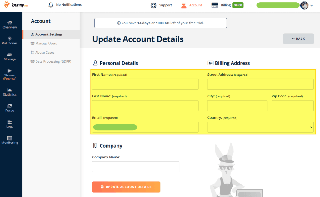 BunnyNet - Billing - Update Account Details