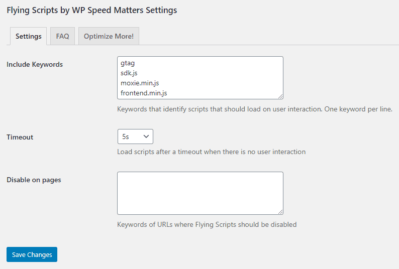 Flying Scripts by WP Speed Matters Settings