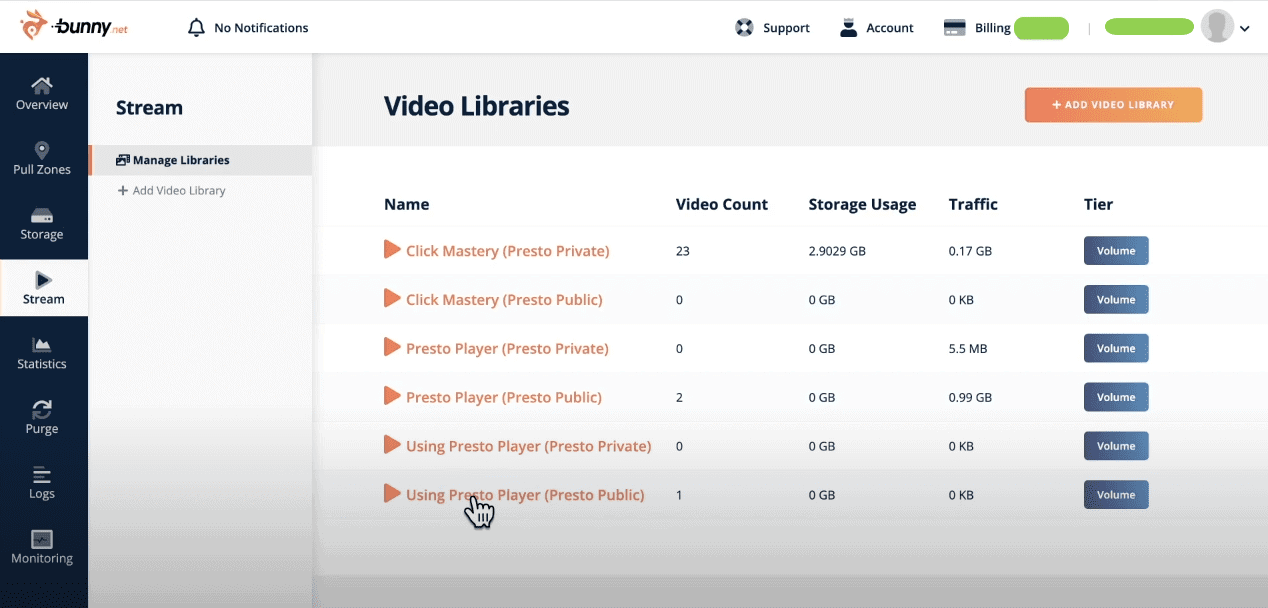 Presto Player - Bunny Stream - Video Libraries