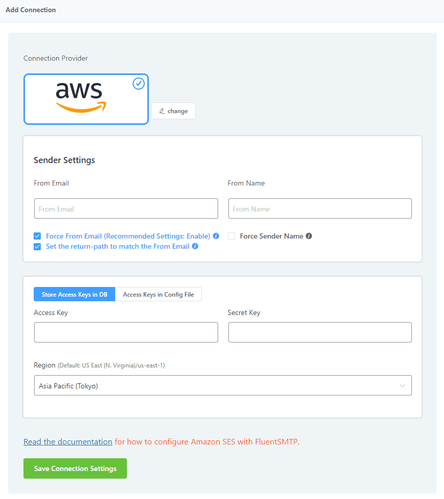 輕鬆完成 WordPress SMTP 發信設定,使用 SMTP 外掛 (含 FluentSMTP 教學) fluentSMTP-add-connection-aws-access-key