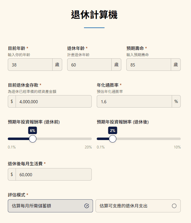 退休計算機|退休金試算:每月需儲蓄額 / 可支應月支出 退休計算機
