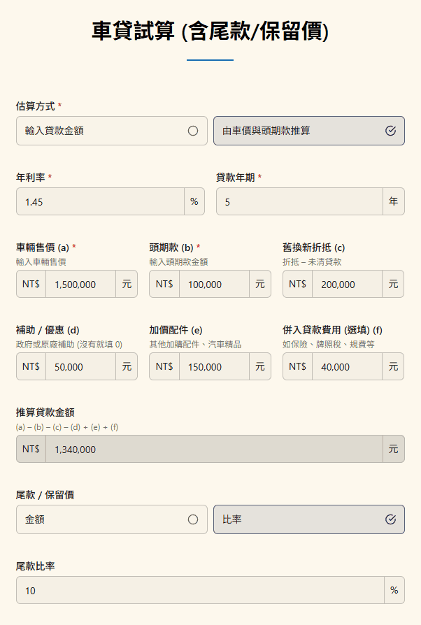 車貸試算 (含尾款/保留價)|氣球車貸月付試算+由車價推估貸款額 車貸試算 (含尾款/保留價)|氣球車貸月付試算
