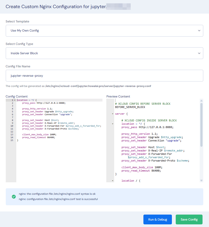 xCloud 部署 Jupyter Notebook 實戰:整合 Docker、Cloudflare 與 Nginx 反向代理 xCloud 自訂 Nginx 規則反向 Proxy